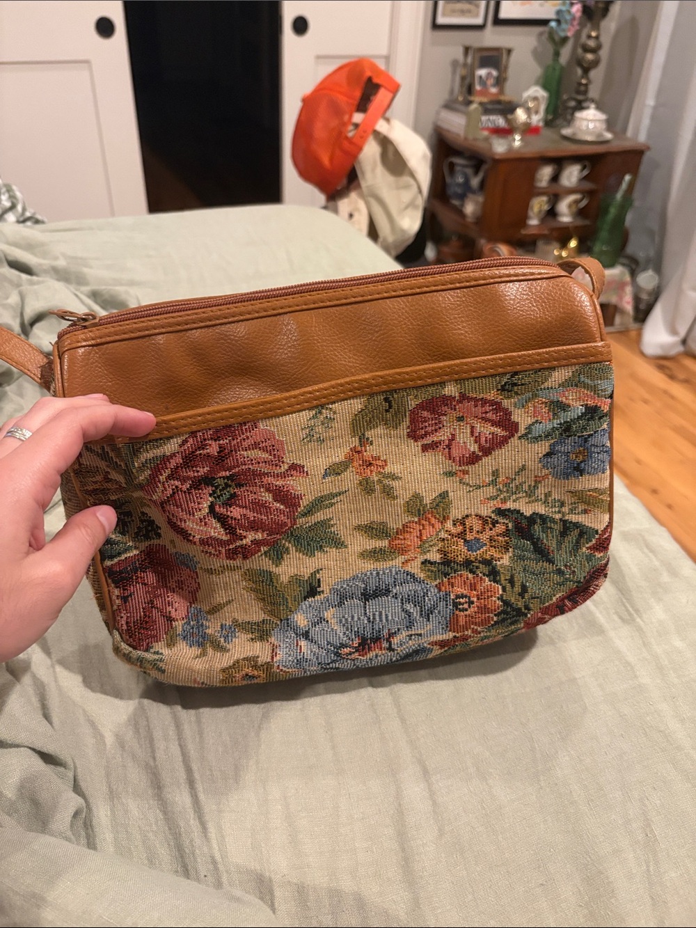 Tapestry Floral Crossbody Bag with Tan Leather Trim
